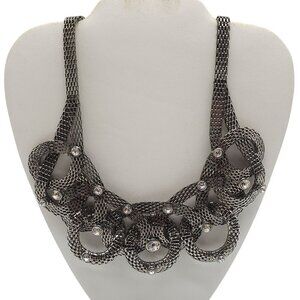 Vintage Mesh Chain Bib Necklace With Rhinestones Lobster Clasp